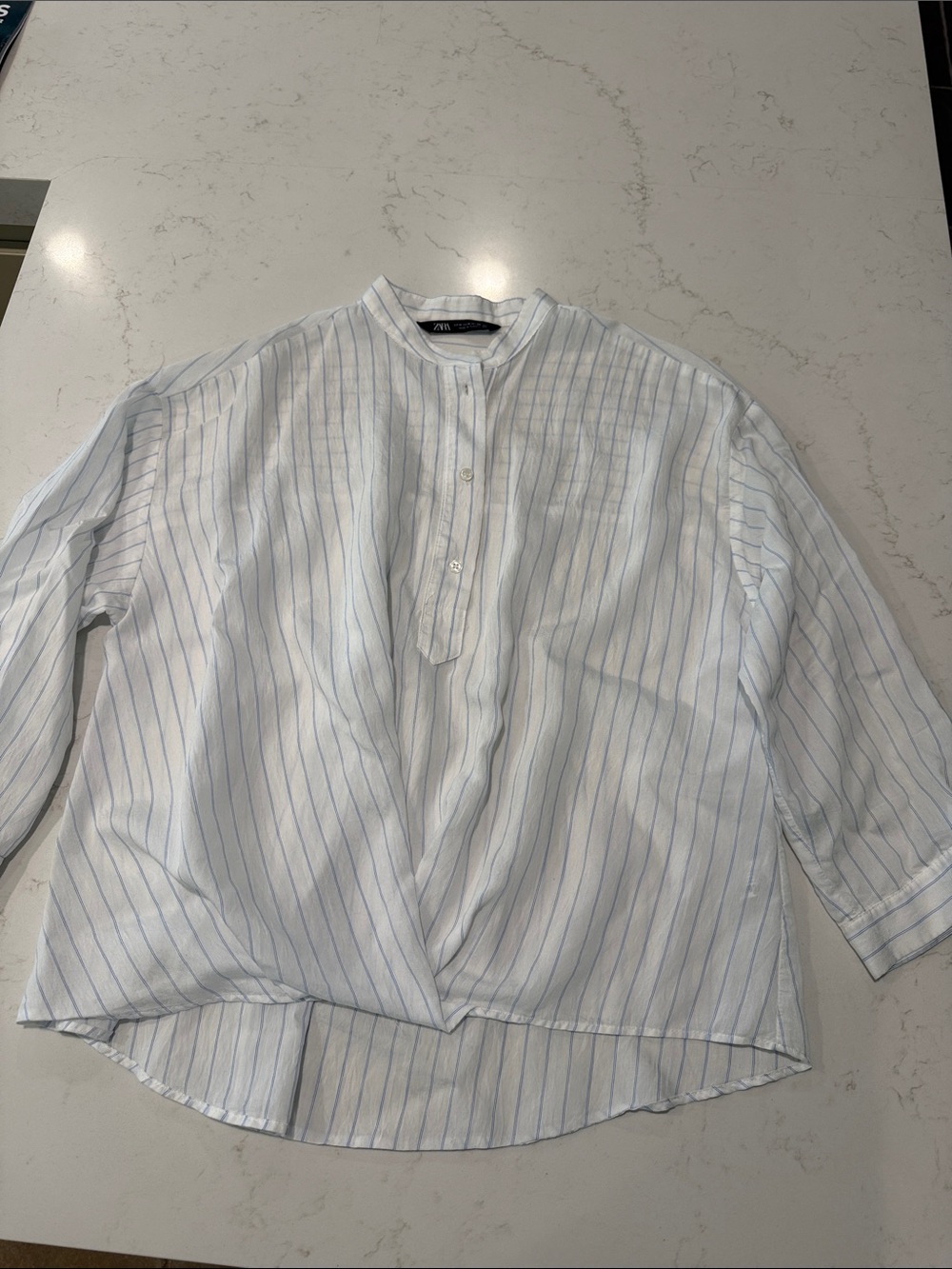 Zara Men White Shirt with Light Blue Stripes Grandad Collar